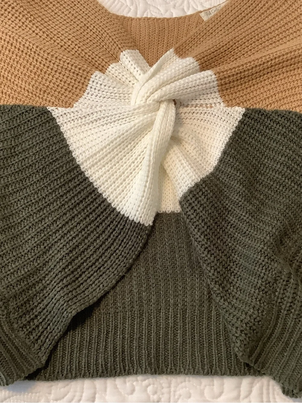 Crop Knit Twist Front Sweater - Olive, Cream & Tan - Picture 3 of 6
